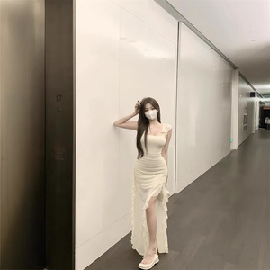 Sweet And Spicy Girl Style Halter Dress With Slit And Ruffles Summer Waist Cinching Slim Fit Long Skirt For Club Wear - Product Image 3