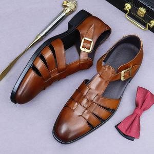 Sandalias de Cuero Elegantes y de Lujo para Hombre, Piel de Vacuno Genuina para Verano, Chanclas de Cuero Genuino para Conducir, Zapatos con Hebilla Retro - Product Image 3