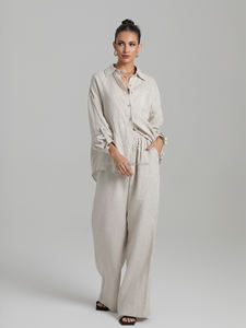 Pantaloni Casual da <span class=keywords><strong>donna</strong></span> alla moda abito 100% <span class=keywords><strong>lino</strong></span> protezione solare camicia a maniche lunghe camicetta traspirante semplice temperamento lana - Product Image 4