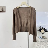 Cárdigan de mujer con escote en V profundo, corto, abierto por delante, de punto fino transparente, con puños y dobladillo acanalados, cómodo, elegante, casual, para oficina, uso diario, venta al por mayor