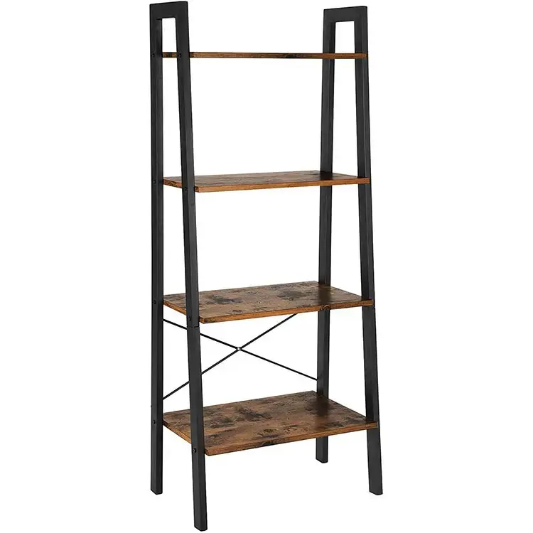Living Room Furniture Bookcase Industrial Metal Frame Rack MDF Wooden Narrow Leaning Ladder Book Shelf Home Bookshelf