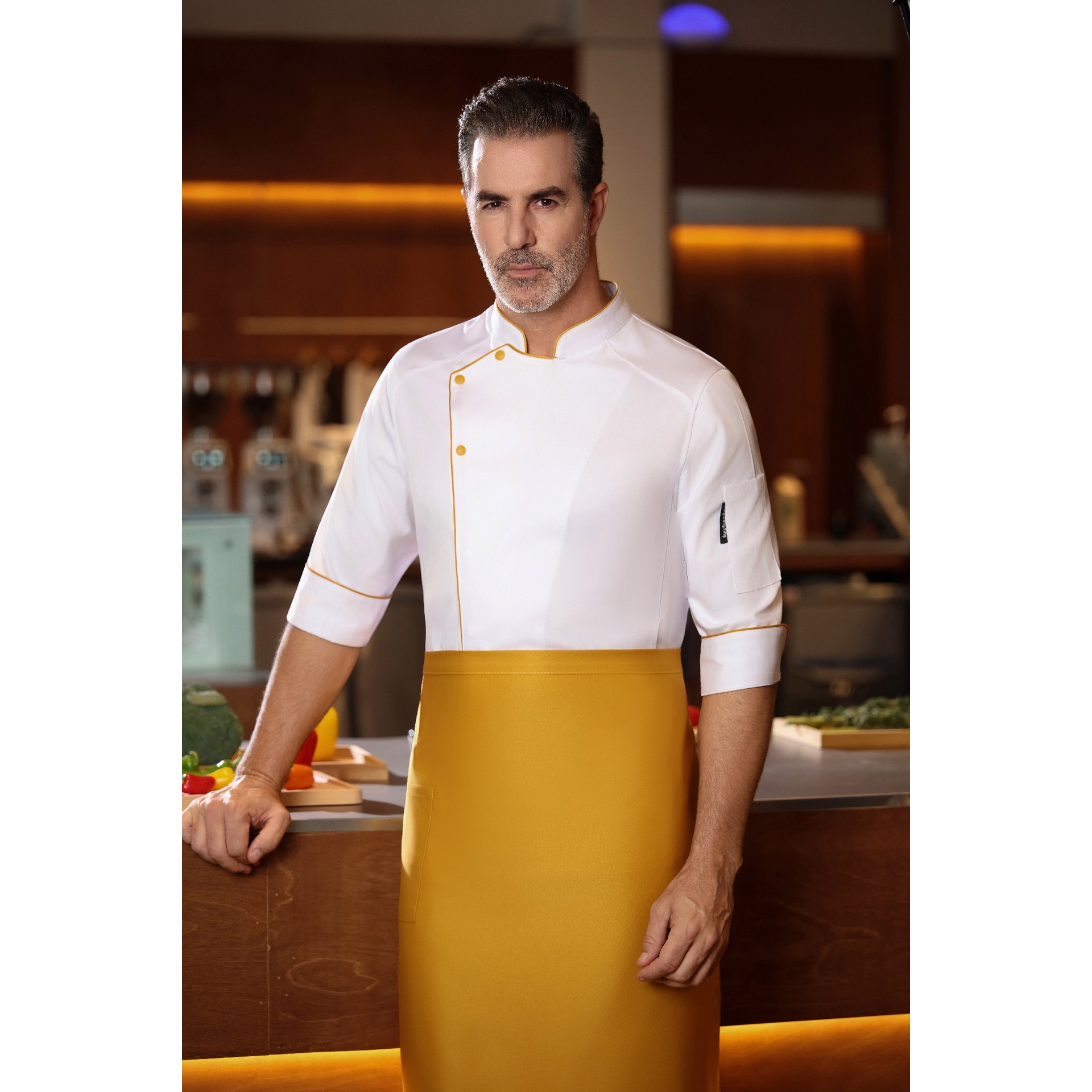 White jacket with yellow trim and short sleeves