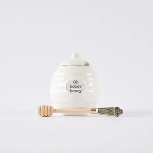 Honey Canister Simple And Versatile Ceramic Honey Pot With Dipper Silver Handle Giftable Beehive Honey Jar