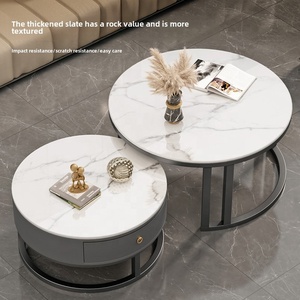 Modern Living Room Round Stone <strong>Coffee</strong> <strong>Table</strong> <strong>Set</strong> with Golden Metal Frame and White <strong>Nesting</strong> Design - Product Image 5