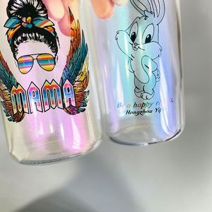 Nouvelles canettes en verre de 20 oz vierges pour sublimation, arc-en-ciel irisé, verres à boire élégants et colorés, avec couvercle en bambou et paille - Product Image 3