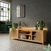 Meuble TV robuste en bambou avec portes coulissantes cannelées et cintrées, vente en gros, écologique, console de rangement multimédia pour salon
