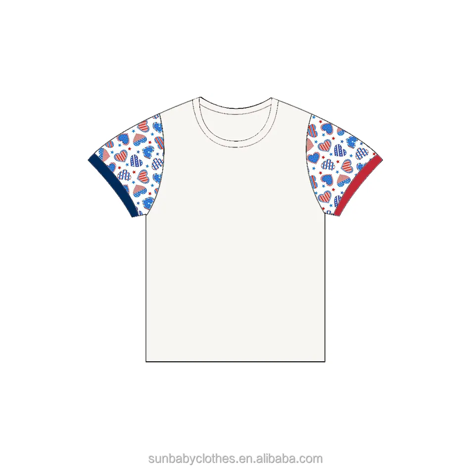ソリッドボディカラーブロックトップTシャツにマッチする卸売ニュートラルベビープリント袖7月4日ポケットTシャツ