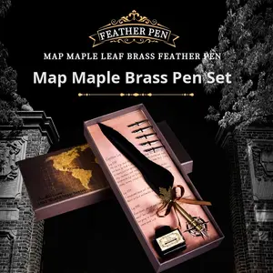 Stylo plume rétro en forme de plume de paon bleu, design feuille d'érable, ensemble de stylos plume avec bouteille d'encre et support de carte, <span class=keywords><strong>coffret</strong></span> cadeau - Product Image 2