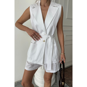 Conjunto de Chaleco y Pantalones Cortos Deportivos para Mujer, 100% Lino, Color Blanco, Corte Holgado, Largo hasta la Rodilla, Decoración con Logotipo, Diseño Sólido, para Otoño, Uso en el Hogar - Product Image 4