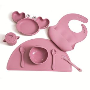 Juego de vajilla de silicona de grado alimenticio sin BPA para bebés, plato con ventosa, tazón, babero, taza, cuchara, tenedor para niños pequeños - Product Image 1