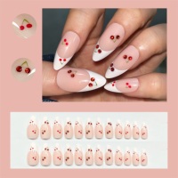 24 faux ongles à presser moyens en amande, motif cerise à bout français, brillants, en ABS réutilisables, vente en gros pour salons de beauté