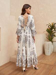 <span class=keywords><strong>Robe</strong></span> en mousseline de soie à imprimé chic bohème, col en V, manches <span class=keywords><strong>mi</strong></span>-longues, volants, taille naturelle, dos nu avec lacets, pour l'été - Product Image 2