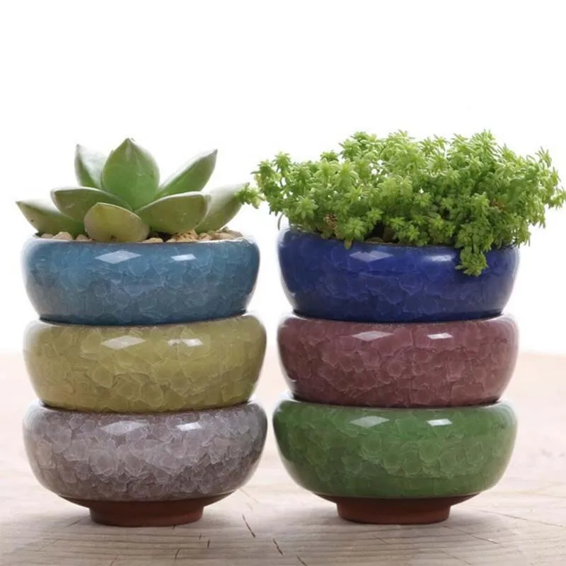 Baru Pot Mini Pot Bunga Keramik Sukulen 7 Warna Lapisan Es Retak untuk Dekorasi Rumah Kantor Pot Tanaman