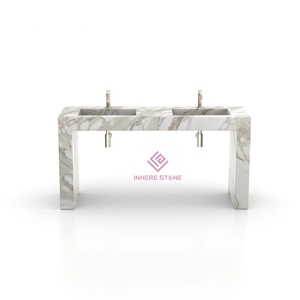 Lavabo double sur colonne en travertin romain personnalisable, moderne et autoportant, pour la vente au détail et les projets - Product Image 6