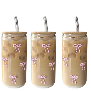 500 ml Pembe Kurdeleli Sevimli Cam Bardaklar, Kapaklı ve Pipetli, Buzlu Sütlü Kahve, Smoothie, Kokteyl, Matcha, Meyve Suyu için Bardak - Product Image 2