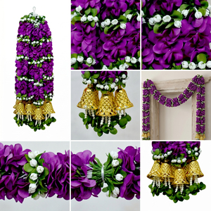 พวงมาลัยดอกไม้สีม่วงประดิษฐ์พร้อมกระดิ่งสีทอง ประดับตกแต่งแบบแขวนสำหรับงานแต่งงาน เทศกาล บ้าน วัด - Product Image 6