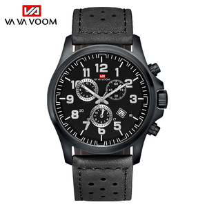 Montre chronographe de course pour homme, boîtier noir, accent doré, bracelet en cuir perforé, montre-bracelet de sport - Product Image 2