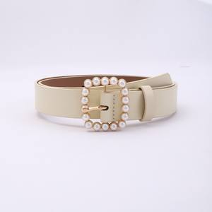 Cinturón de PU de moda para mujer con diseño de aleación de hebilla de pasador de perla simple para abrigo de vestido de jeans - Product Image 2