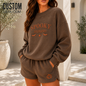 Set da Donna con <span class=keywords><strong>Felpa</strong></span> Ricamata e Pantaloncini, <span class=keywords><strong>Oversize</strong></span> con Stampa, Collo Alto, Casual, Due Pezzi, Abbigliamento Loungewear, Produzione Diretta - Product Image 3