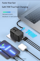 Adaptor Perjalanan Universal PD70W, Steker Internasional, Adaptor Daya Pengisian Daya Seluruh Dunia, Multi dengan Kabel Retraktil Tipe C