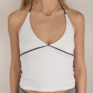 Tops <span class=keywords><strong>Halter</strong></span> con cuello en V personalizados para mujer, corsé <span class=keywords><strong>blanco</strong></span> Y2K, camiseta sin mangas ajustada de línea negra para trajes de verano, pantalones cortos de estilo dulce - Product Image 2