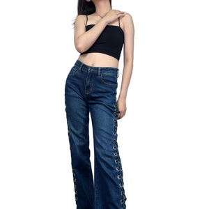 Pantalones Largos de Mezclilla con Diseño Personalizado, Cintura Media, Abertura Lateral, Tiras de Encaje, Estilo Flare, Sexy y Elegantes, con Abertura Alta y Cordones para Mujer - Product Image 5