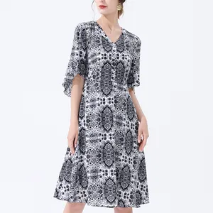 Wholesale Ladies Casual Dress Floral Print V-Neck Chiffon Elegant Short Sleeve A-line Dress For Women
