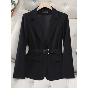 Black Fitted Waist Slim Blazer For Women With Belt Professional Wear Commute Style - Product Image 1