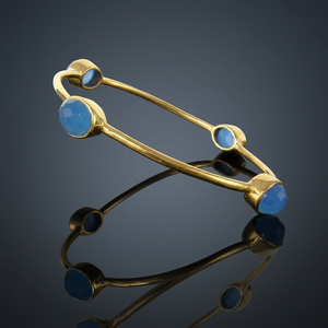 Gemstones Gold Plated Cuff Bracelet Light Blue Chalcedony Bezel Set Classic Unisex Fashion <b>Bangle</b> for Anniversary Third Party - Product Image 3