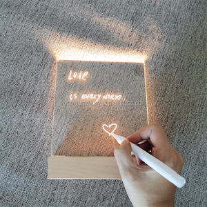 Lampada Notturna LED in Acrilico Trasparente con Base in Legno, Lavagna per Messaggi Personalizzabile, Forma Rotonda, Ovale o Rettangolare, per Camera da Letto - Product Image 1