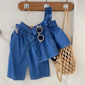 Vestito da ragazza di vendita caldo vestito senza maniche in denim tessuto confortevole canottiera con orecchie in legno top pantaloni abiti a due pezzi