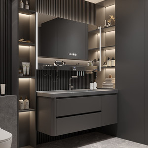 Nouvel ensemble de meuble-lavabo de salle de bain 2026 moderne en pierre microcristalline résistante à l'eau avec vasque intégrée pour hôtel - Product Image 2