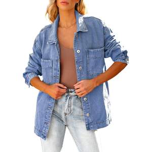 Chaqueta vaquera con botones de gran tamaño para mujer, chaqueta vaquera con estampado de dobladillo con abertura de manga larga con bolsillo, chaqueta vaquera lavada, 2025 - Product Image 4