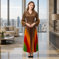 Robe longue plissée Miyake à col revers et manches florales 3D dégradées arc-en-ciel pour femme, vente en gros directe d'usine