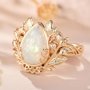 Anello A005 con Opale, Oro Massiccio 18K Placcato Oro Rosa, Gemma Taglio a Pera, Design a Pianta, Gioiello Raffinato da Donna per Fidanzamento - Product Image 6