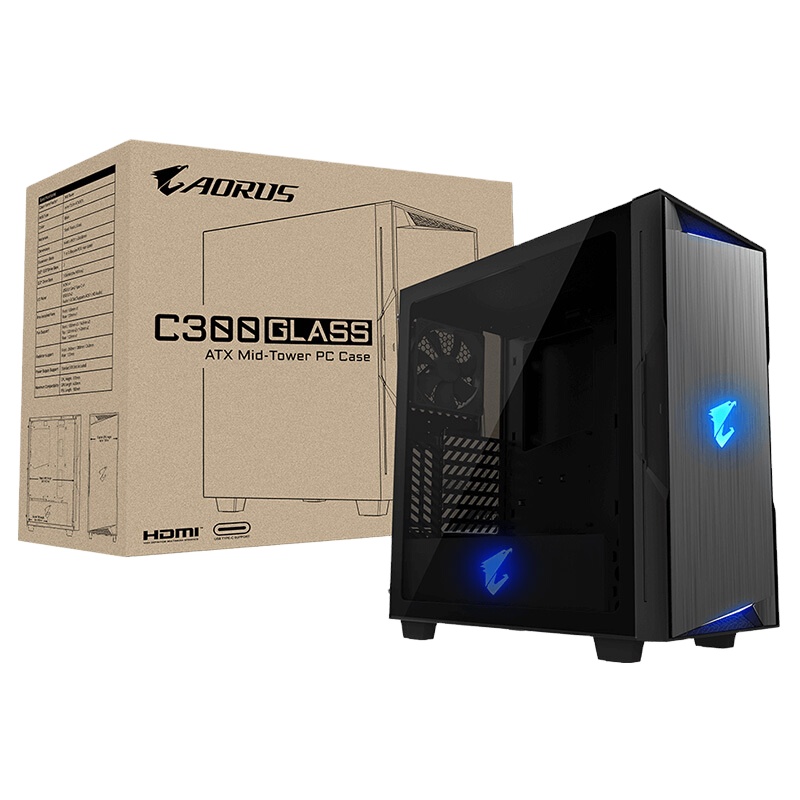 GIGABYTE AORUS C300 стеклянный игровой корпус ATX тонированное закаленное стекло водяное охлаждение готовое улучшенное воздушное GB-AC300G-черный