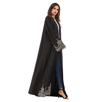 Robe Abaya Musulmane en Polyester Brodé de Couleur Unie avec Ceinture, Col en V, Manches Longues, Ouverture Devant, Longueur au Sol, Eid Mubarak