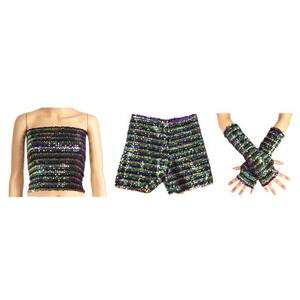 Ensemble 3 pièces pour femme : tenue de performance Mardi Gras, crop top corset élastique à rayures et paillettes, short à rayures et paillettes, et gants pour soirée - Product Image 5