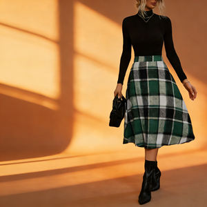 Vente flash sur la jupe midi tendance à imprimé écossais pour femmes de Temu, jupe à taille haute et coupe évasée, parfaite pour la superposition par temps frais - Product Image 3