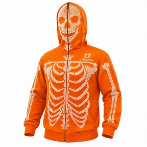 Sudadera con capucha para hombre con diseño de esqueleto naranja y pedrería, con cremallera completa y máscara tipo balaclava, patrón de calavera de cristal, estilo gótico, hip hop, streetwear - Product Image 1