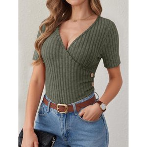 FOXA Suéter informal de punto acanalado con cuello en V y manga corta para mujer, ajuste ceñido, con detalle de botones, para verano - Product Image 3