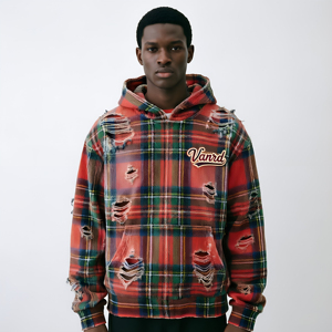 Sweat-shirt pour homme YM Streetwear personnalisé, coupe courte oversize, en tricot gaufré, délavé à l'acide et effet usé, et sweat à capuche en flanelle à carreaux pour homme, fabricant - Product Image 1