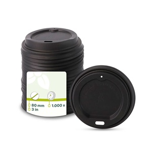 Couvre-gobelets CPLA de 80 mm de diamètre, couleur noire, jetables, écologiques, avec trou pour boire, compostables - Product Image 1