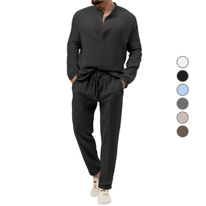 <b>Men's</b> Solid Cotton Waffle <b>Shirt</b> Set <b>Long</b> <b>Sleeve</b> Breathable Spring Casual Wear <b>White</b> - Product Image 3