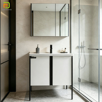 Meuble-lavabo autoportant en contreplaqué de 30 pouces avec vasque en céramique moderne et miroir pour salle de bain