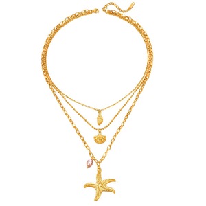 Mode trois couches station balnéaire perle étoile de mer pendentif Niche design vintage coquille coquille collier en acier inoxydable pour les femmes - Product Image 5