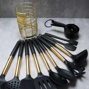 Gold Plated Handle Heat Resistant Non‑Stick <b>Silicone</b> Kitchen Utensils Set Cooking Tools with Gold Metal Storage Holder - Product Image 2