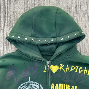 Streetwear personnalisé surdimensionné strass Rivet en détresse impression numérique sweat à capuche zippé soleil délavé à l'acide sweats à capuche unisexe été - Product Image 6