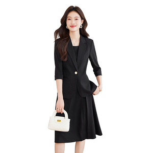 Women's Black Business Suit Set Two Piece Office Lady Crepe Long Skirt Three Quarter Sleeve Breathable Summer Style - Product Image 5