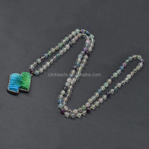 El último diseño de collar de perlas de CB48168 hermoso arco iris fluorita anudada ronda cuentas con colgante collar - Product Image 2